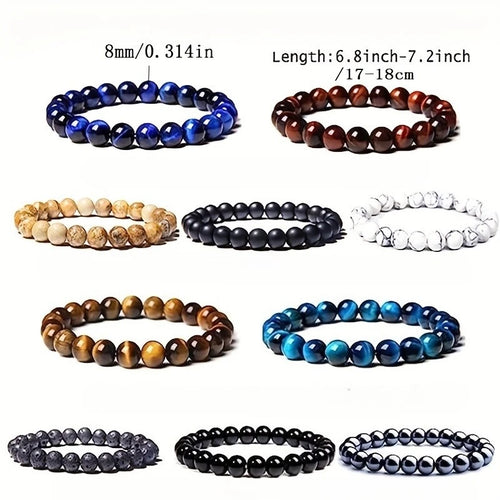 10pcs Set 8Mm Bracelet Round Beaded Bracelet Men And Women Stone Crystal Stone Natural Stone Stretch Beaded Bracelet Unisex, Suitable for Men And Women Holiday Gift Simple Gift