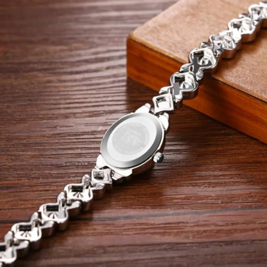 Women's Silver Wrist Watches: Rhinestones Analog Quartz Oval Bracelet Watches Bling Wristwatch mbzr