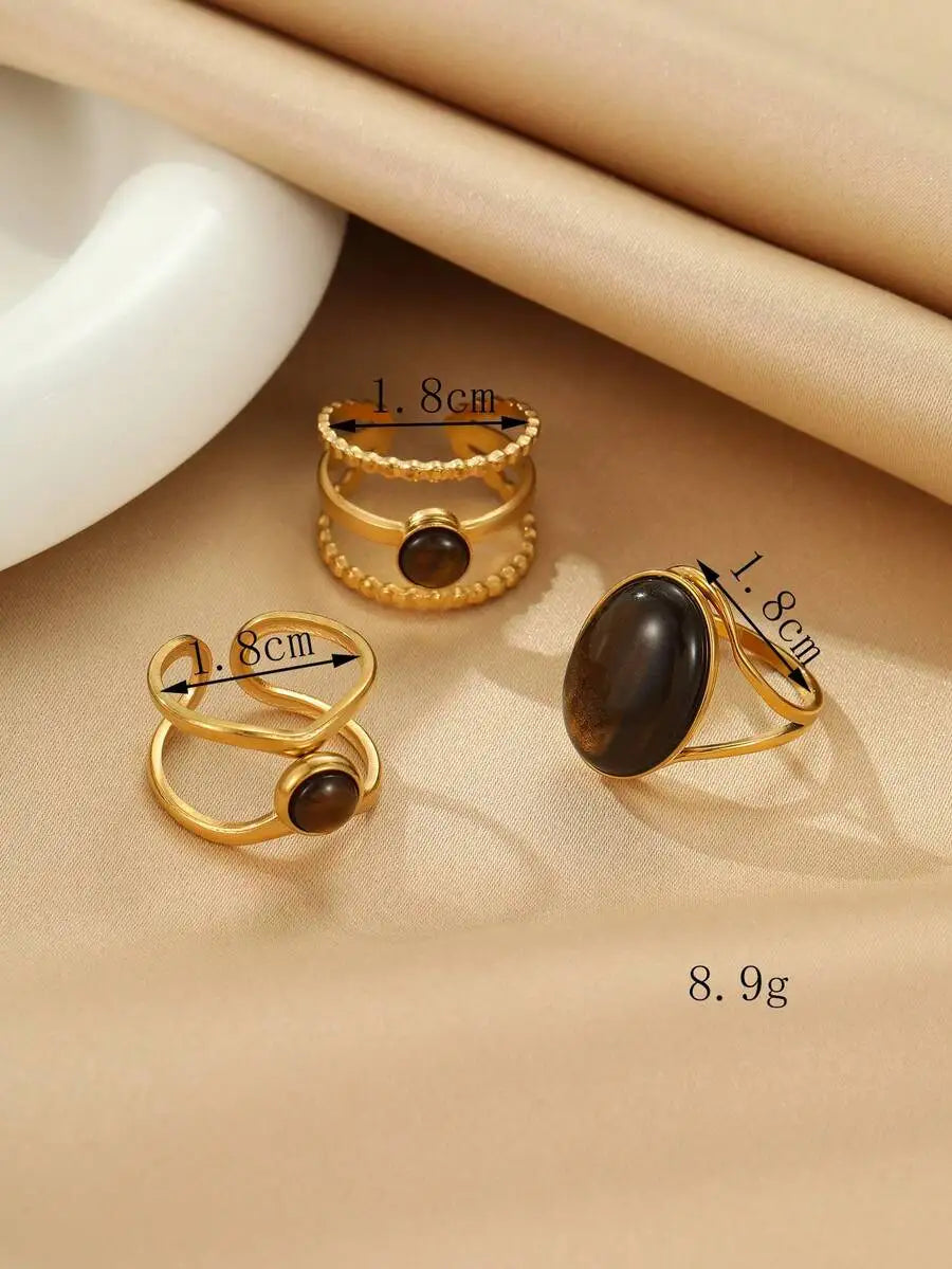 3pcs Stainless Steel Golden Vintage Oval Brown Gemstone Ring Set For Women