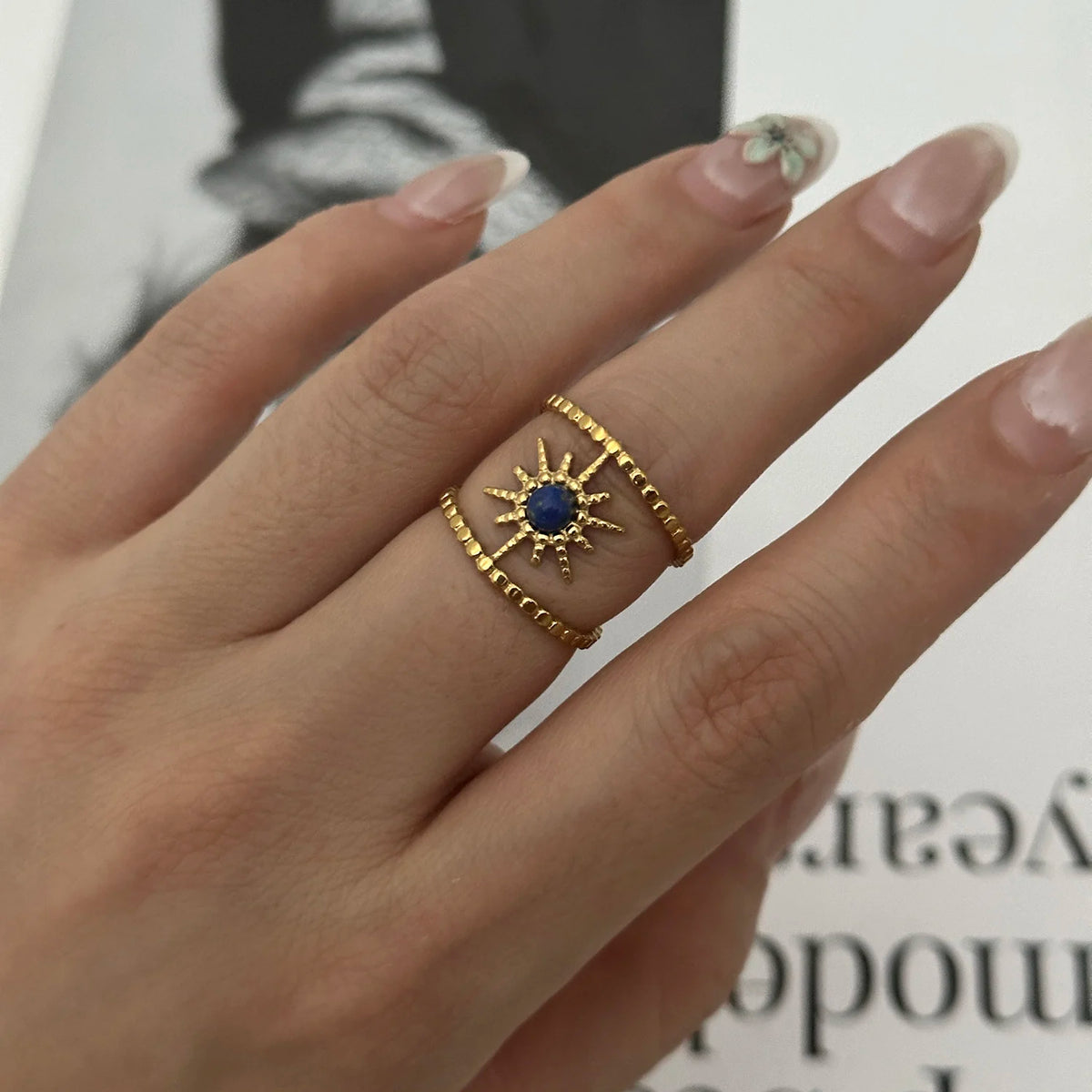 Stainless Steel Vintage Style Sun Eye Sapphire Open Ring French Hollow Star Moon Stacking Finger Rings