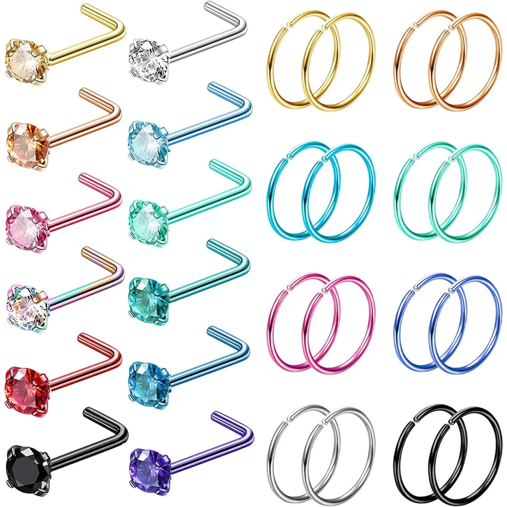 28PCS 316L Stainless Steel Nose Rings Hoops Studs for Women Men CZ L Shaped CZ Nose Stud Hoop Nostril Piercings Jewelry Set mbzr