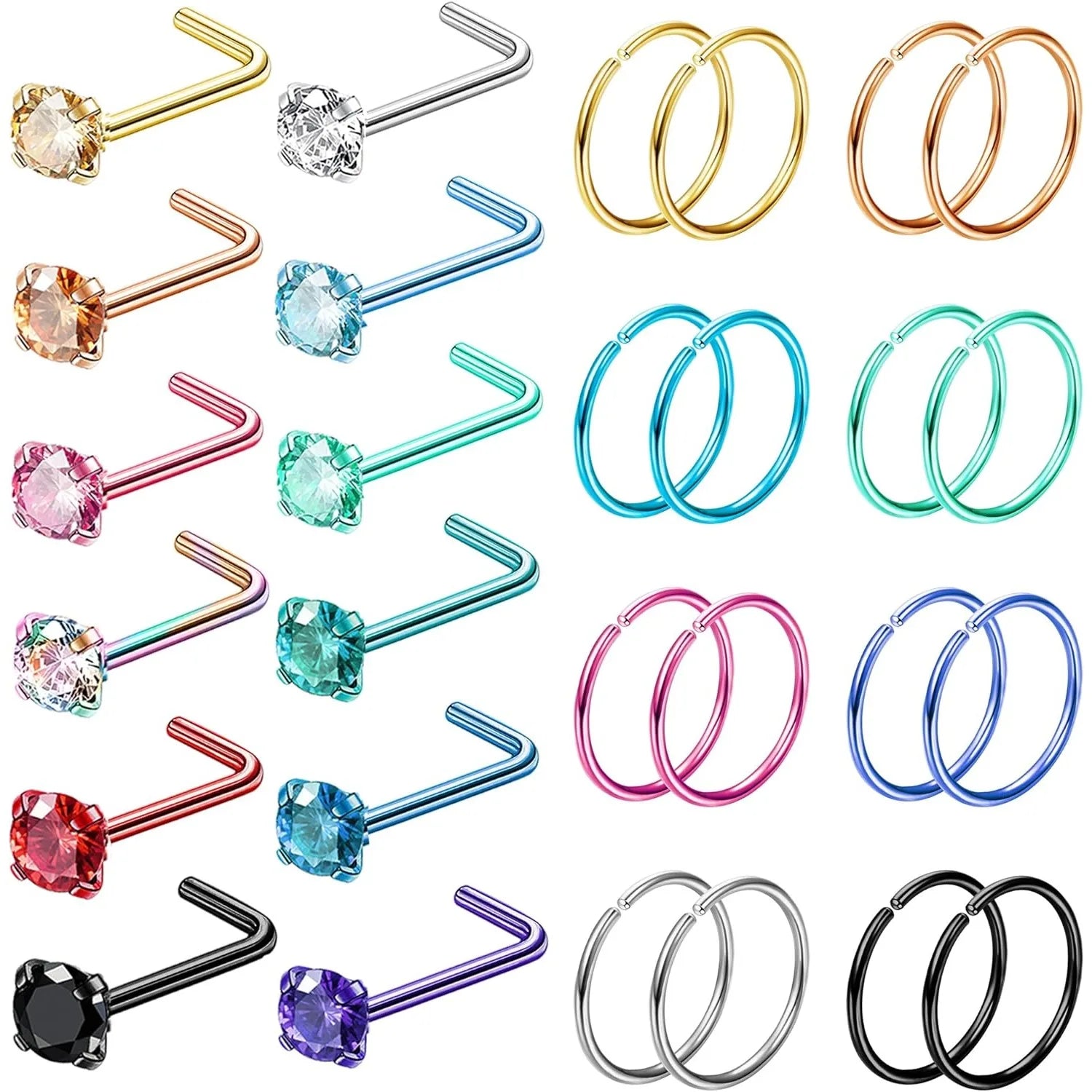 28PCS 316L Stainless Steel Nose Rings Hoops Studs for Women Men CZ L Shaped CZ Nose Stud Hoop Nostril Piercings Jewelry Set mbzr
