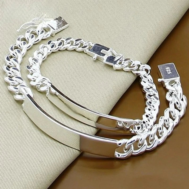 DOTEFFIL 925 Sterling Silver 2pcs Bracelet 10mm Smooth Sideways Chain For Men Women Wedding Engagement Party Jewelry mbzr