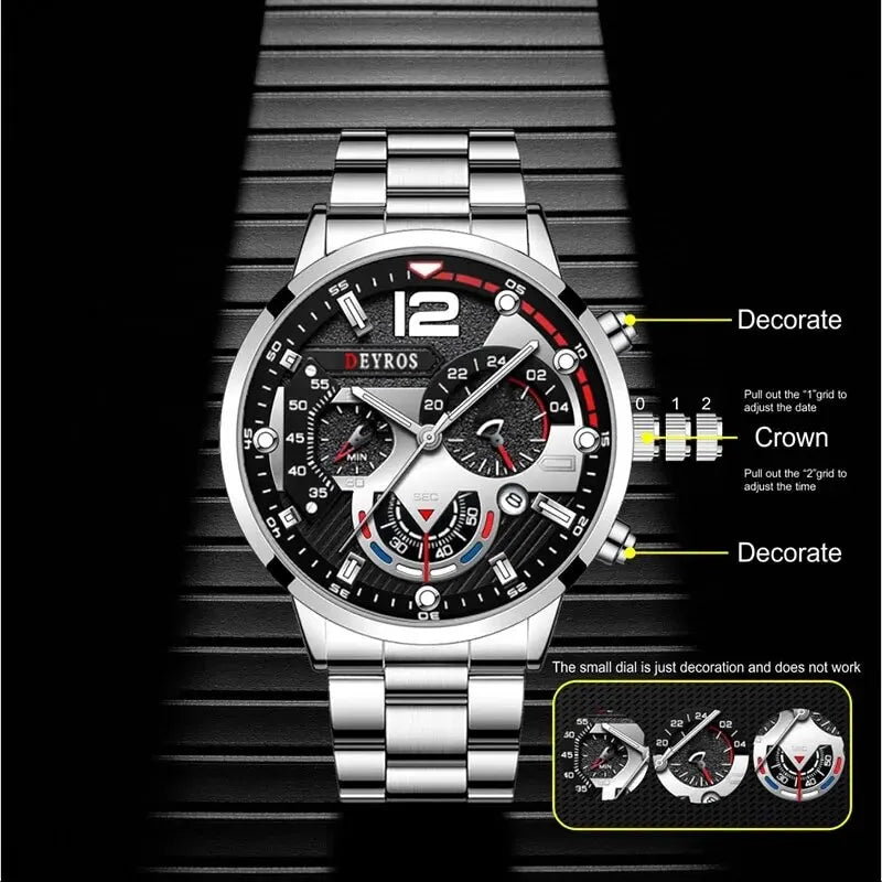 2pcs Luxury Mens Silver Quartz Watch With Stainless Steel Bracelet Men Fashion Business Casual Watch Luminous Clock mbzr