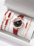 Women Fashionable Rhinestone-Accented Floral Dial Quartz Wristwatch And Heart Tree Leaf Bracelet Set (6pcs/Set) As A Gift For