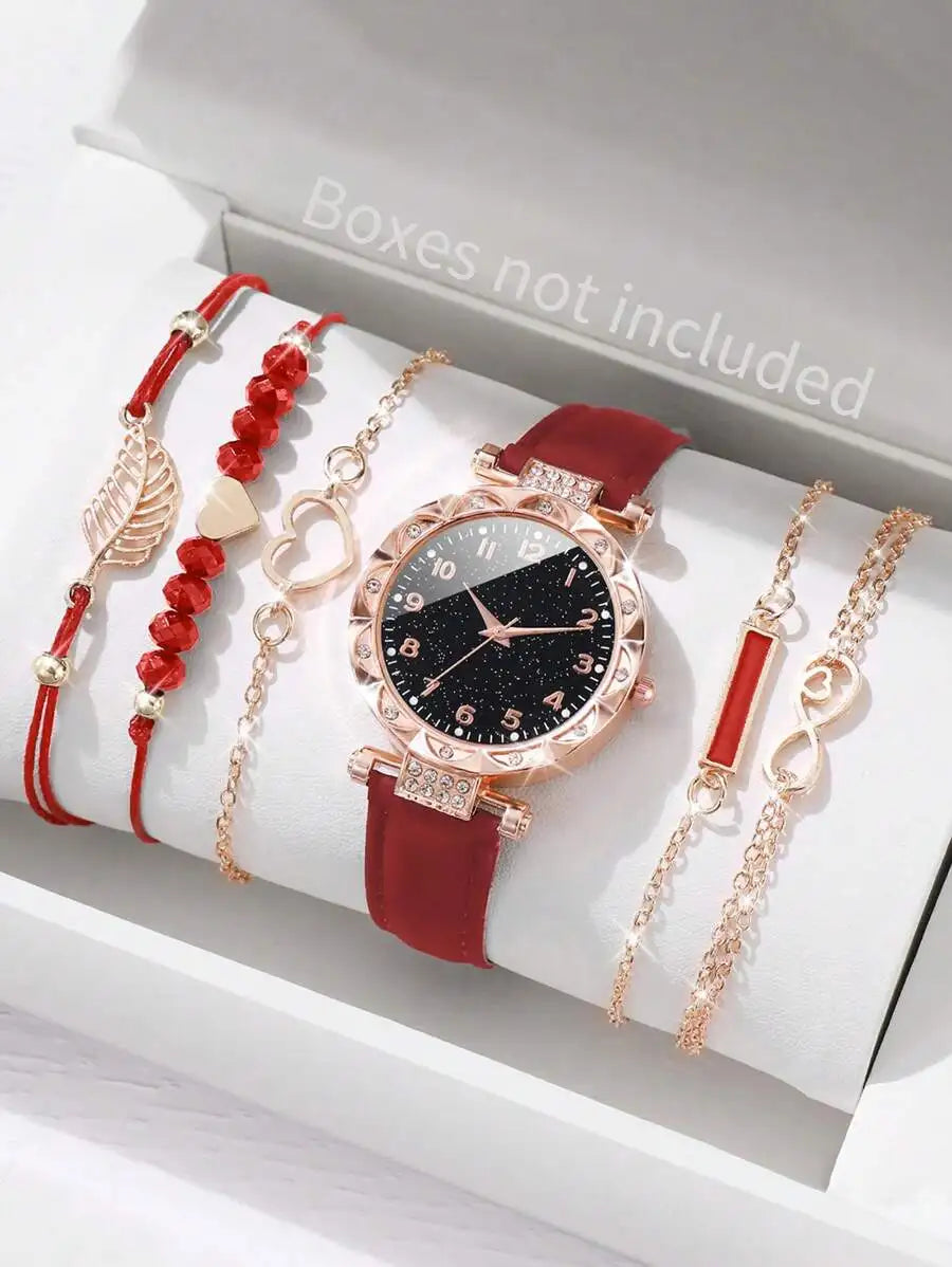 Women Fashionable Rhinestone-Accented Floral Dial Quartz Wristwatch And Heart Tree Leaf Bracelet Set (6pcs/Set) As A Gift For