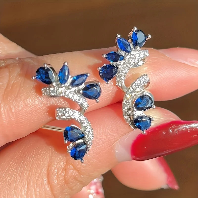 Dainty Silver Color Blue Crystal Feather Ear Climbers Trendy Pear Cut Zirconia Crawler Earrings Daily Wear Fine Jewelry Anniversary Gift