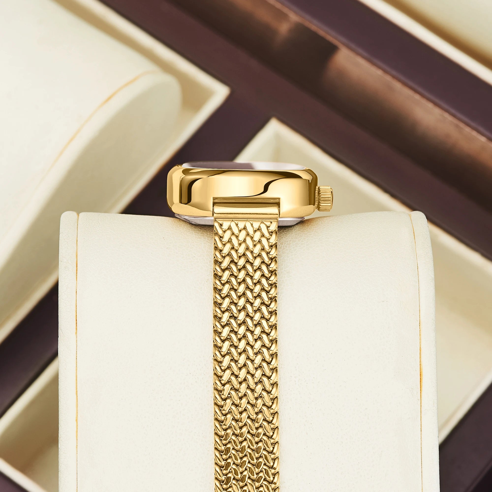 YaLaLuSi Oval Pink  Dial Gold Herringbone Mesh Women Watch Tiny Diamond Index Minimal Thin Case Ladies Quartz Bracelet Dress Wristwatch
