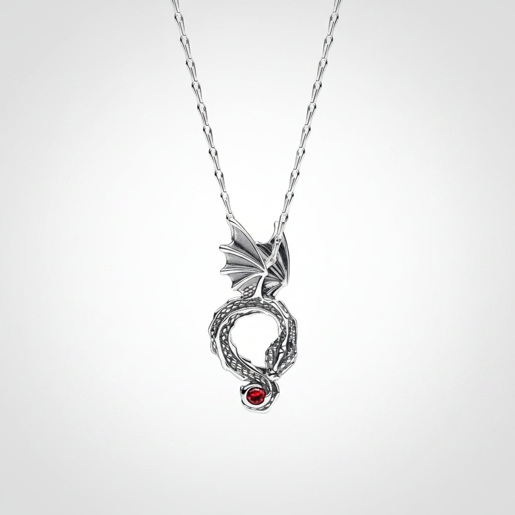 Retro-Style 925 Sterling Silver Necklace – Vintage Dragon Pendant with Red CZ Eyes, Neutral Series Guardian Beast Jewelry mbzr