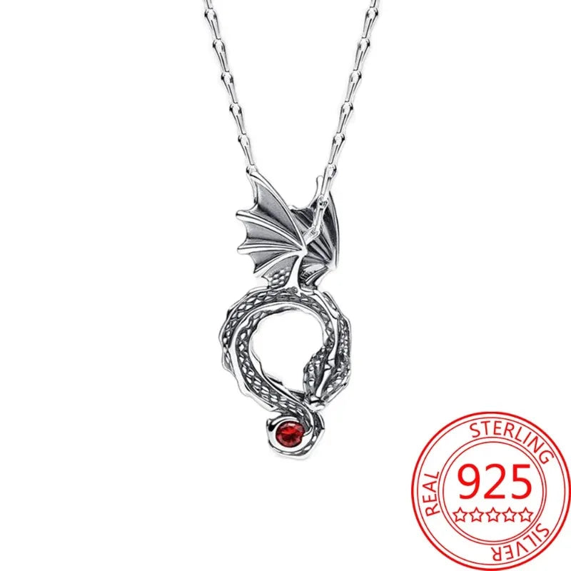 Retro-Style 925 Sterling Silver Necklace – Vintage Dragon Pendant with Red CZ Eyes, Neutral Series Guardian Beast Jewelry mbzr