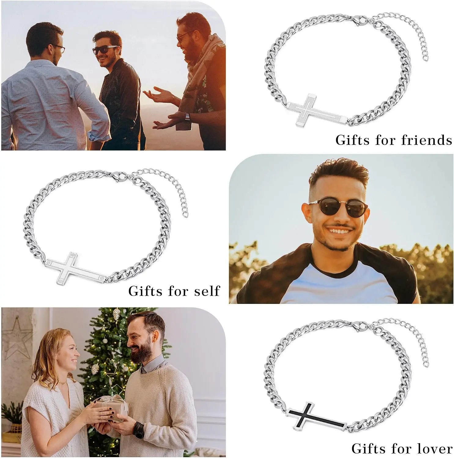 Cross Bracelet for Men - Stainless Steel Adjustable 5MM Cuban/Figaro Link Chain Cross Bracelet Non Tarnish 7+2 Inches, Christian Religious Jesus Confirmation Jewelry Gifts for Men