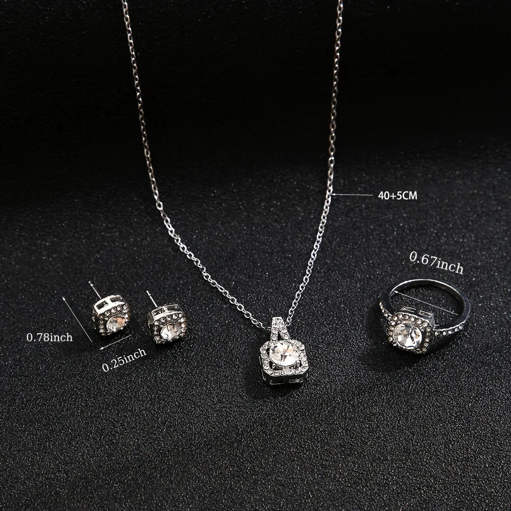 Women's best selling elegant pendant set with square cut micro inlaid zirconia   fashionable necklace   earrings   and ring three piece set luxury