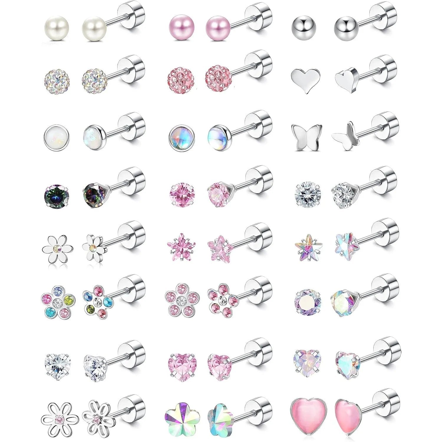 24Pairs Stainless Steel Stud Earrings for Women CZ Screw Back 4mm Tiny Flat Back Studs Cute Dainty Jewelry Gift Set 16G 18G