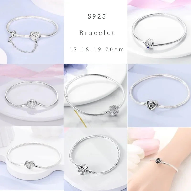 Silver 925 Bracelet Original Bracelets Colorful Zircon Heart Flower Cat Snake Chain For DIY Charms 17-20CM Luxury Jewelry Gifts mbzr