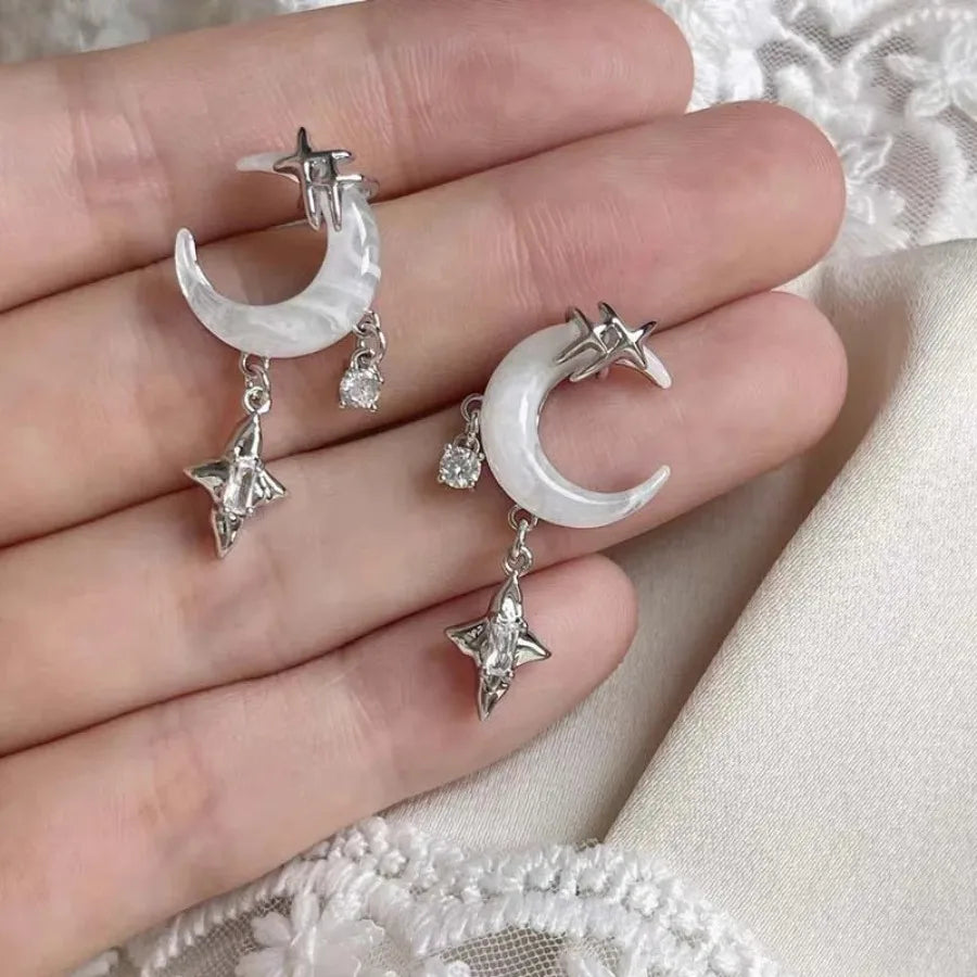 Fashion Asymmetric Shiny Star Moon Drop Earrings for Women Exquisite Metal Crystal Pearl Earrings Aesthetic Jewelry Accessories