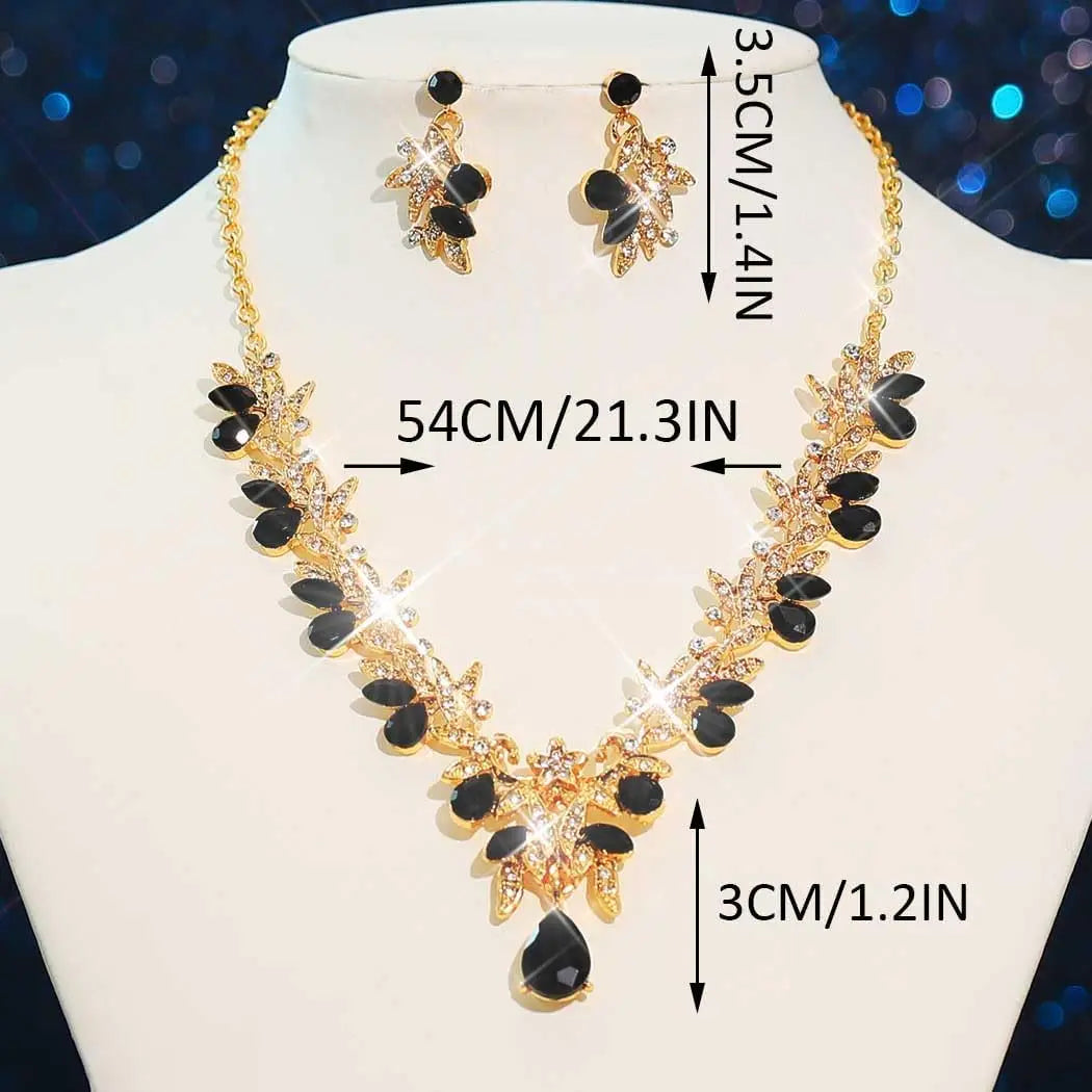 Unicra Rhinestone Bridal Wedding Jewelry Sets Gold Necklace Earrings Set Leaf Prom Formal Costume Jewelry Set for Women and Brides
