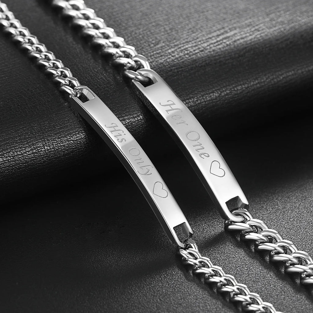 2pcs Couples Men Women Polish Stainless Steel "His Only""Her One" Bracelet Chain