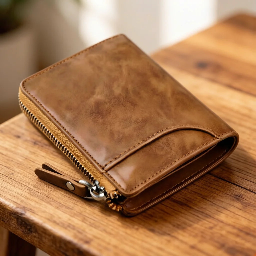 Men's Vintage PU Leather Short Wallet, Kangaroo Embossed Zipper Purse With Card Slots & Coin Pocket, 2 Colors Available
