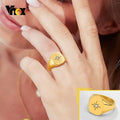 Vnox Star Stamp Ring for Women, Gold Color Stainless Steel Signet Round Top Ring with AAA CZ Stone, Chic Minimalist Heavy Ring