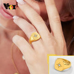 Vnox Star Stamp Ring for Women, Gold Color Stainless Steel Signet Round Top Ring with AAA CZ Stone, Chic Minimalist Heavy Ring