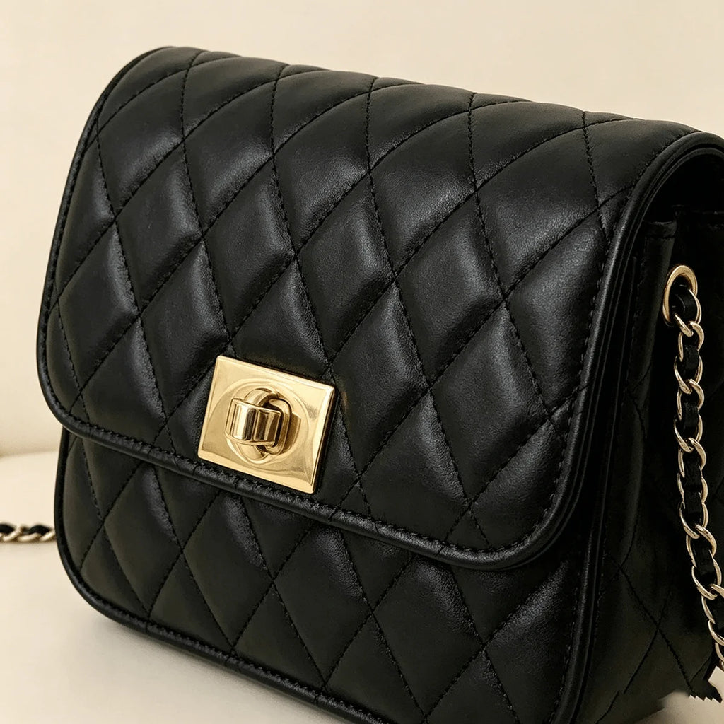 Quilted PU Leather Crossbody Bag with Gold Clasp & Chain Strap
