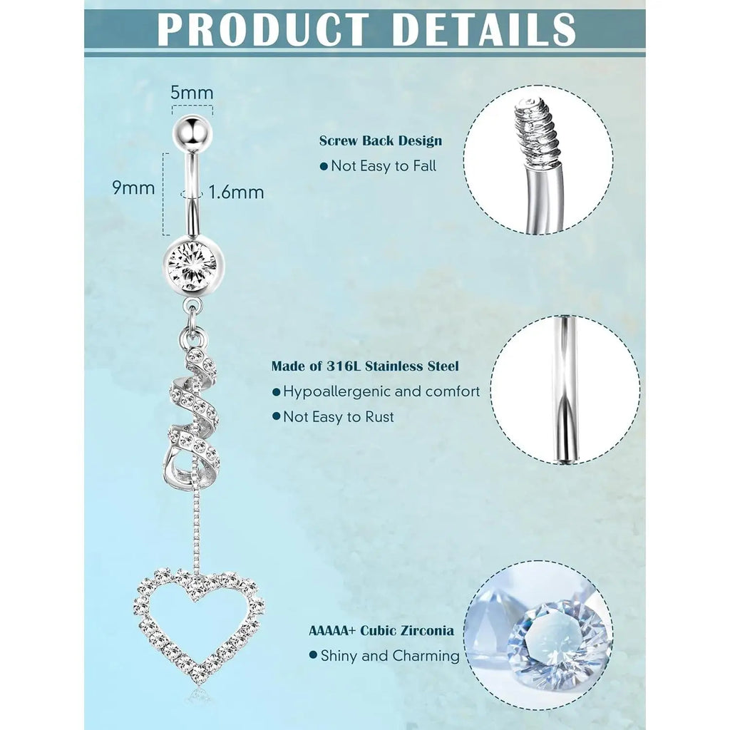 7 Pcs 14G Dangle Belly Button Rings for Women 316L Surgical Steel Curved Navel Barbell Body Jewelry Piercing