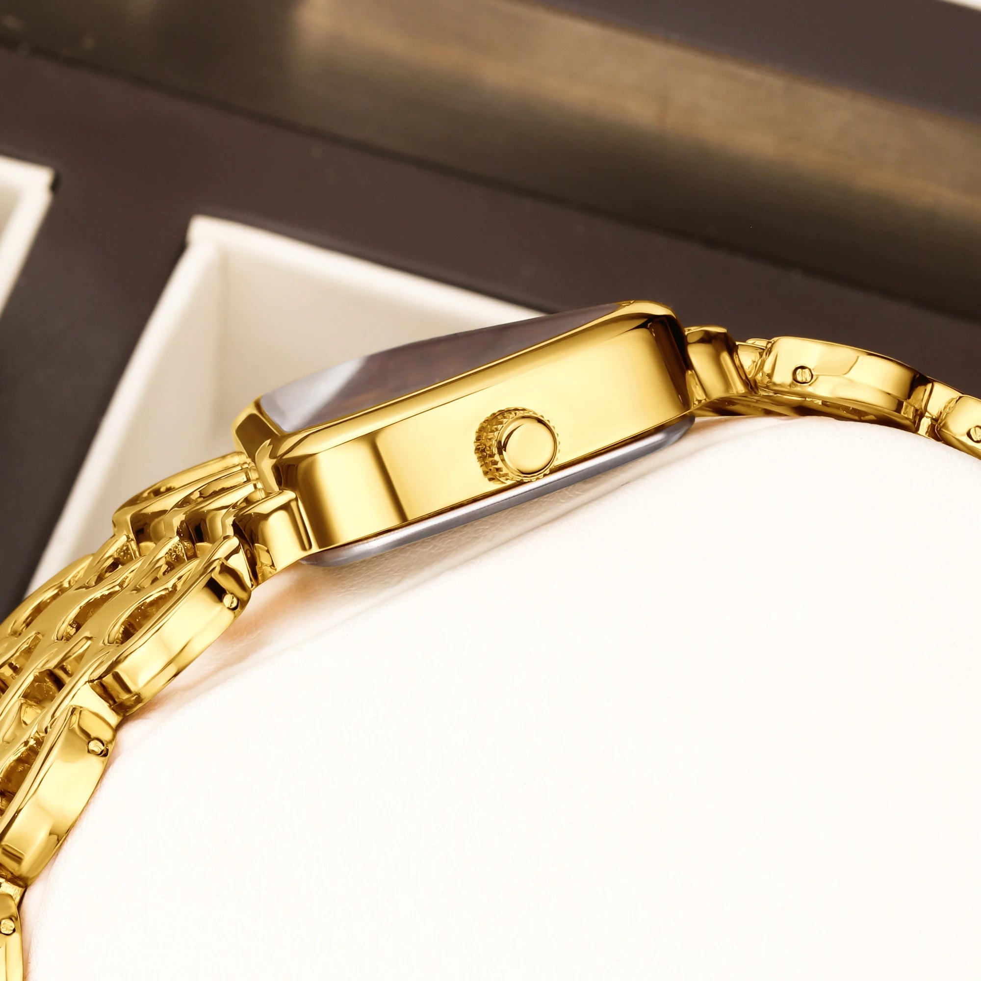 YaLaLuSi Irregular Trapezoid Gold Dial Women Watch Hollow Wide Interlocking Link Bracelet Unique Luxury Waterproof Ladies Quartz Dress Wristwatch For Party Dating Wedding