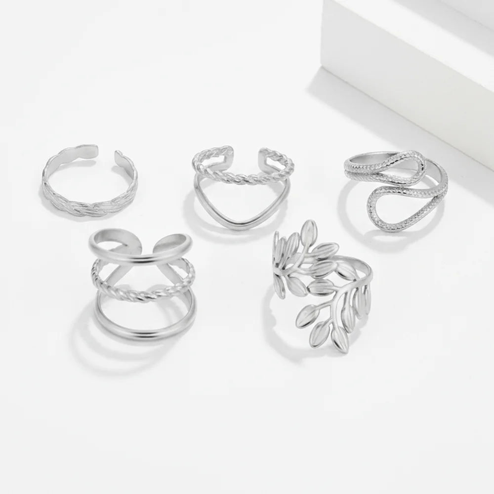 5-Piece Stainless Steel Leaf-Shaped Geometric Openwork Ring Set For Women Minimalist, Sophisticated Adjustable