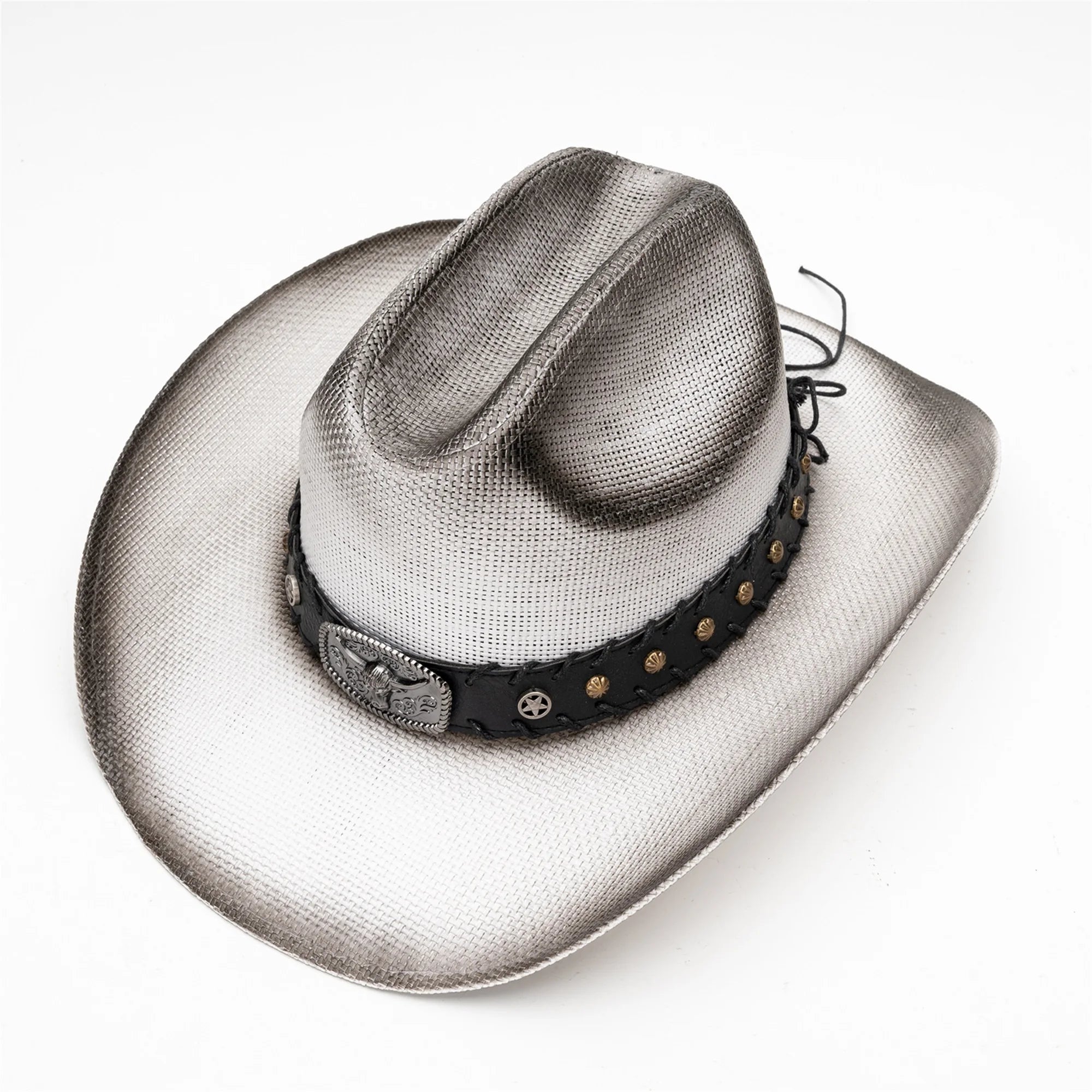 Western Style Straw Cowboy Hat with Cattle Head Design and Belted Sun Protection for Outdoors