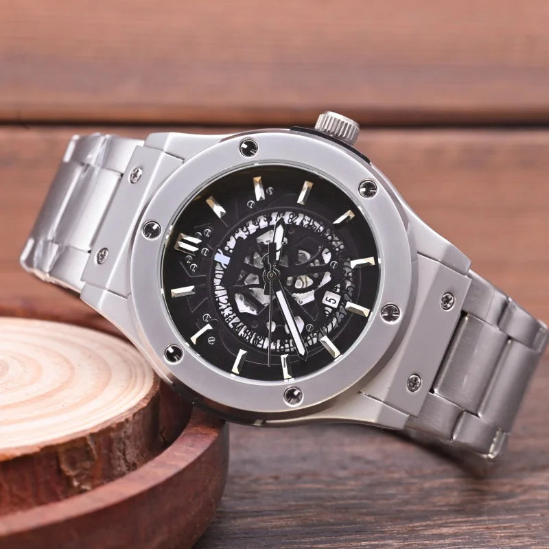 Fashion Luxury‑Style Mens Quartz Wristwatch Hollow‑Cut Dial Alloy Case Metal Strap Date Display Daily‑Waterproof Casual Sports Watch for Men