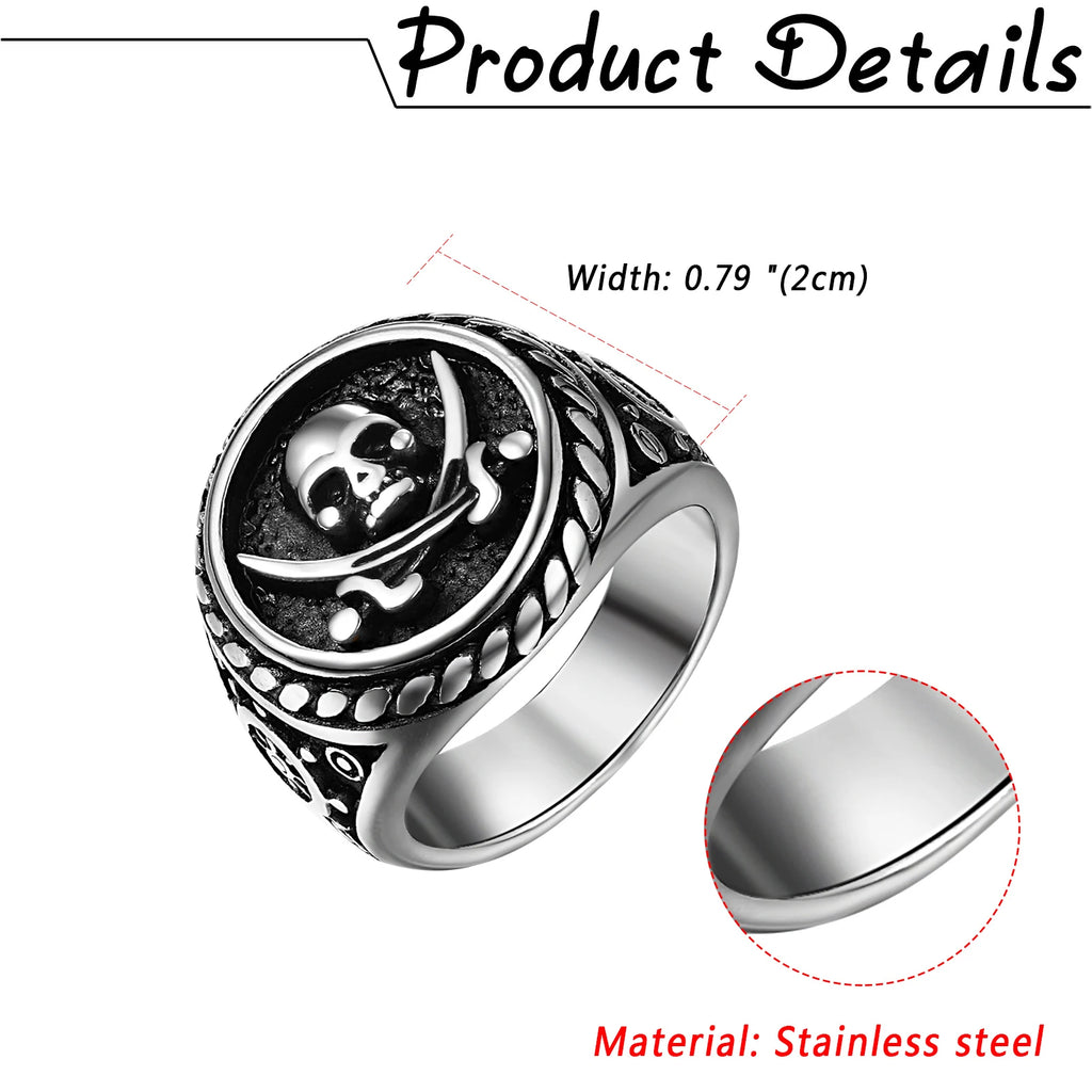 BONISKISS Vintage Pirate Signet Double Knife Death Skull Rings Men's Stainless Steel Biker Amulet Jewelry Gift Drop Shipping