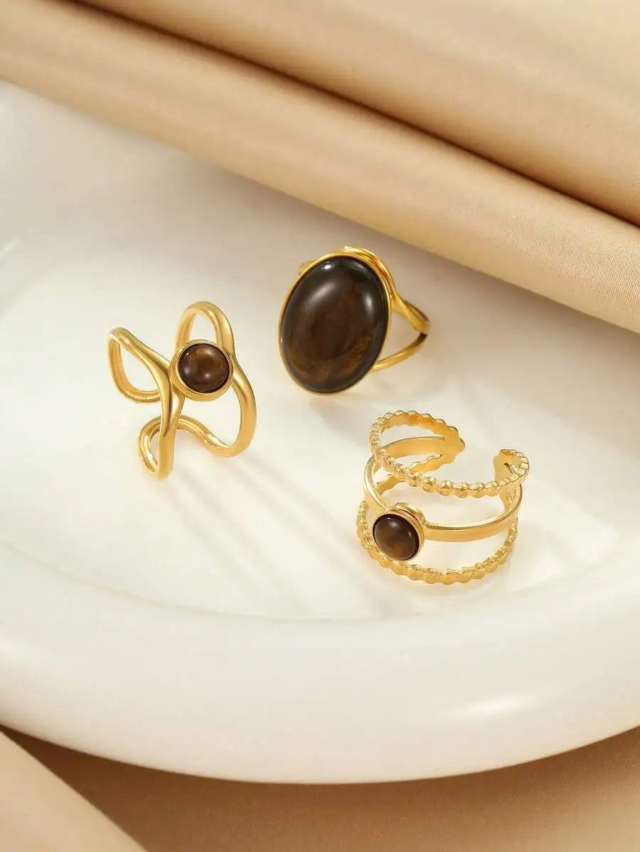 3pcs Stainless Steel Golden Vintage Oval Brown Gemstone Ring Set For Women