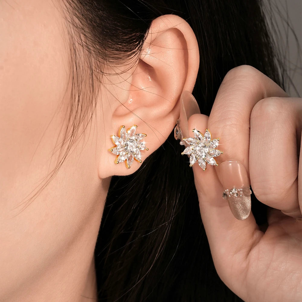 OXTAO Sparkling Sunflower Stud Earrings for Women 14K Gold Filled Moissanite&Zircon Flowers Earrings Wedding Party Jewelry Gift