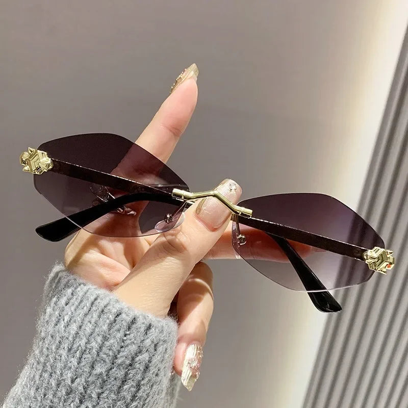 Trendy Rimless Polygonal Sunglasses Stylish Gradient Lens Metal Shades Eyewear