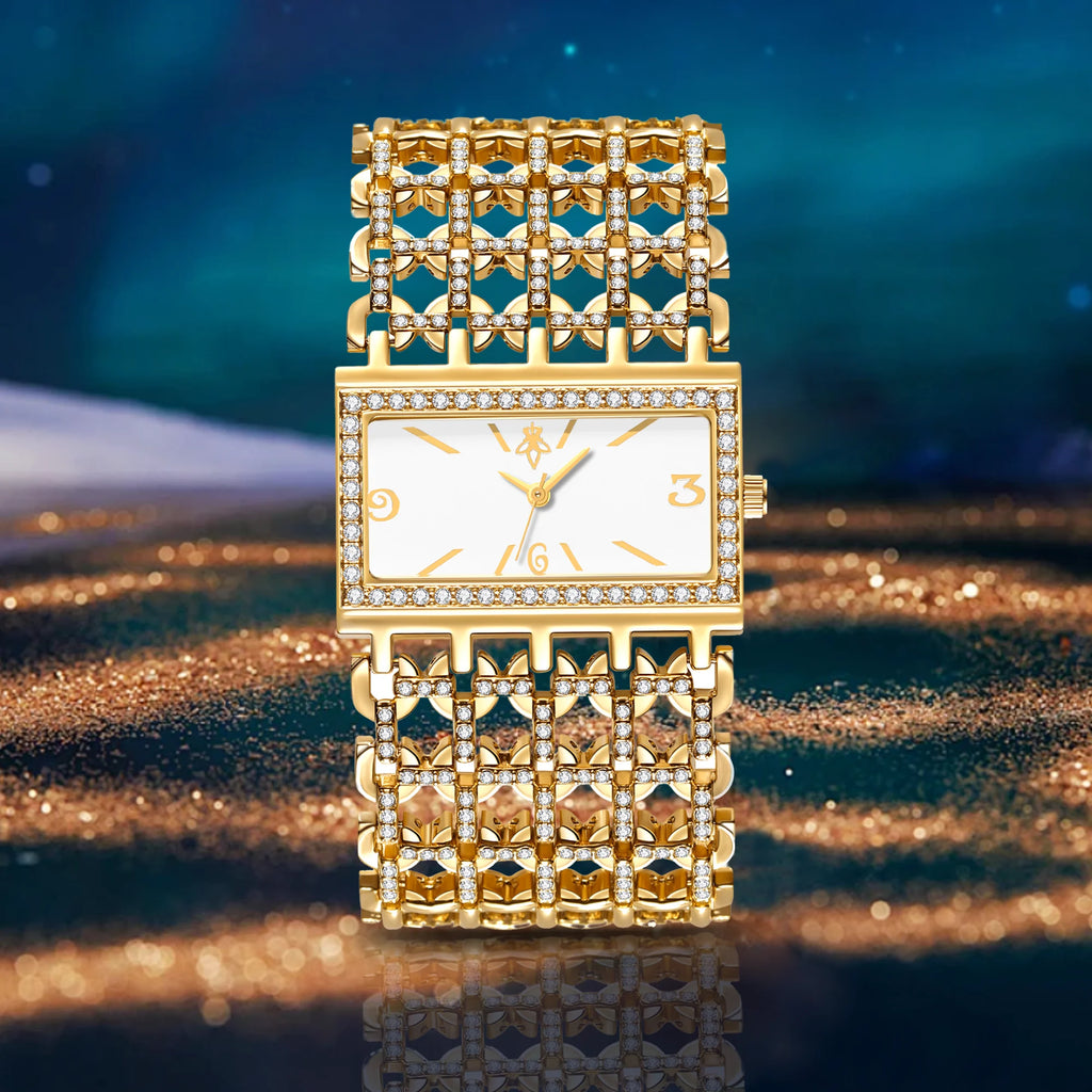 Gold Rectangle Women Watch Full Rhinestone Bezel Wide Hollow Link Bracelet Luxury Bling White Dial Fashion Ladies Quartz Dress Wristwatch For Party Wedding