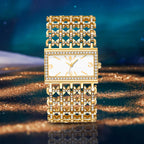 Gold Rectangle Women Watch Full Rhinestone Bezel Wide Hollow Link Bracelet Luxury Bling White Dial Fashion Ladies Quartz Dress Wristwatch For Party Wedding