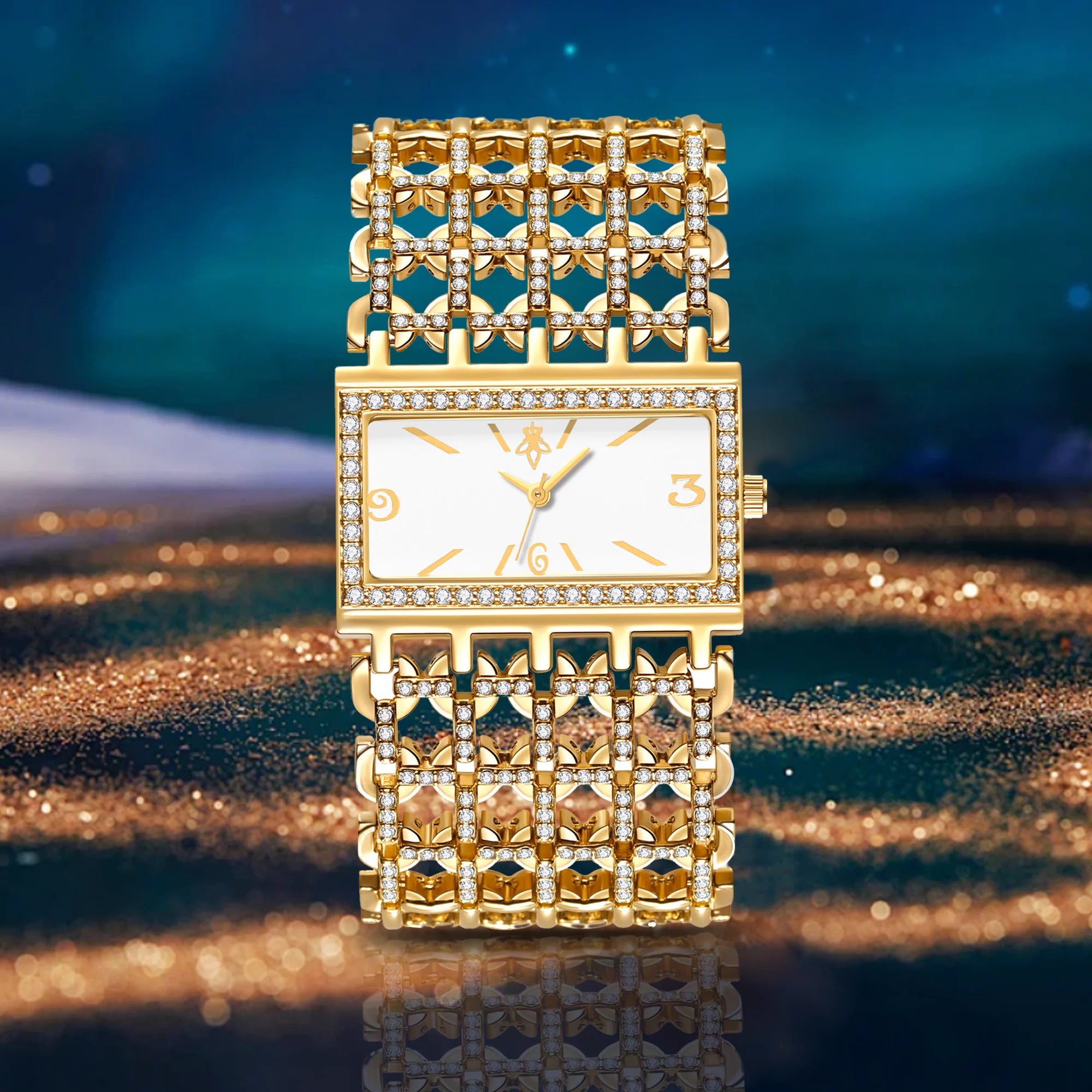 Gold Rectangle Women Watch Full Rhinestone Bezel Wide Hollow Link Bracelet Luxury Bling White Dial Fashion Ladies Quartz Dress Wristwatch For Party Wedding