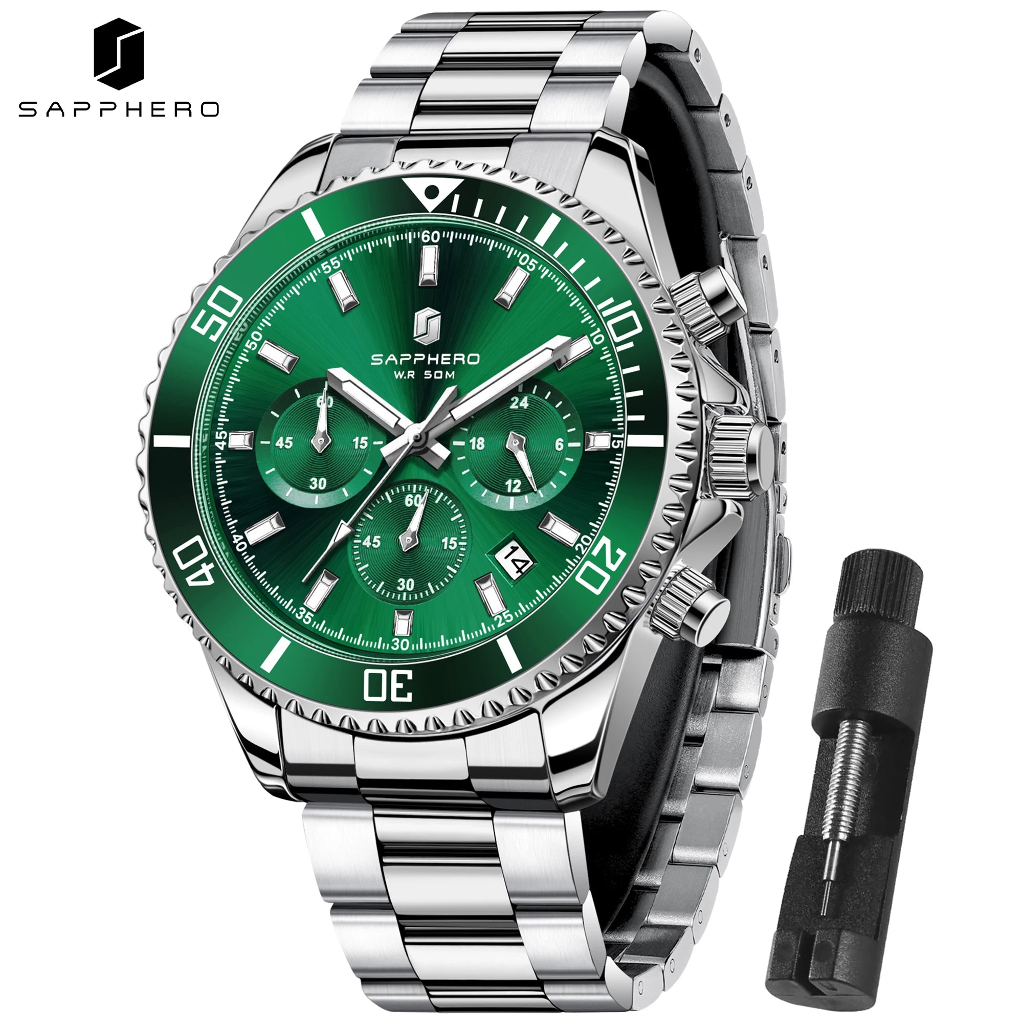 SAPPHERO Men’s Quartz Watch Luxury Chronograph Sport Wristwatch Stainless Steel Waterproof 50M Date Luminous Business Watch mbzr