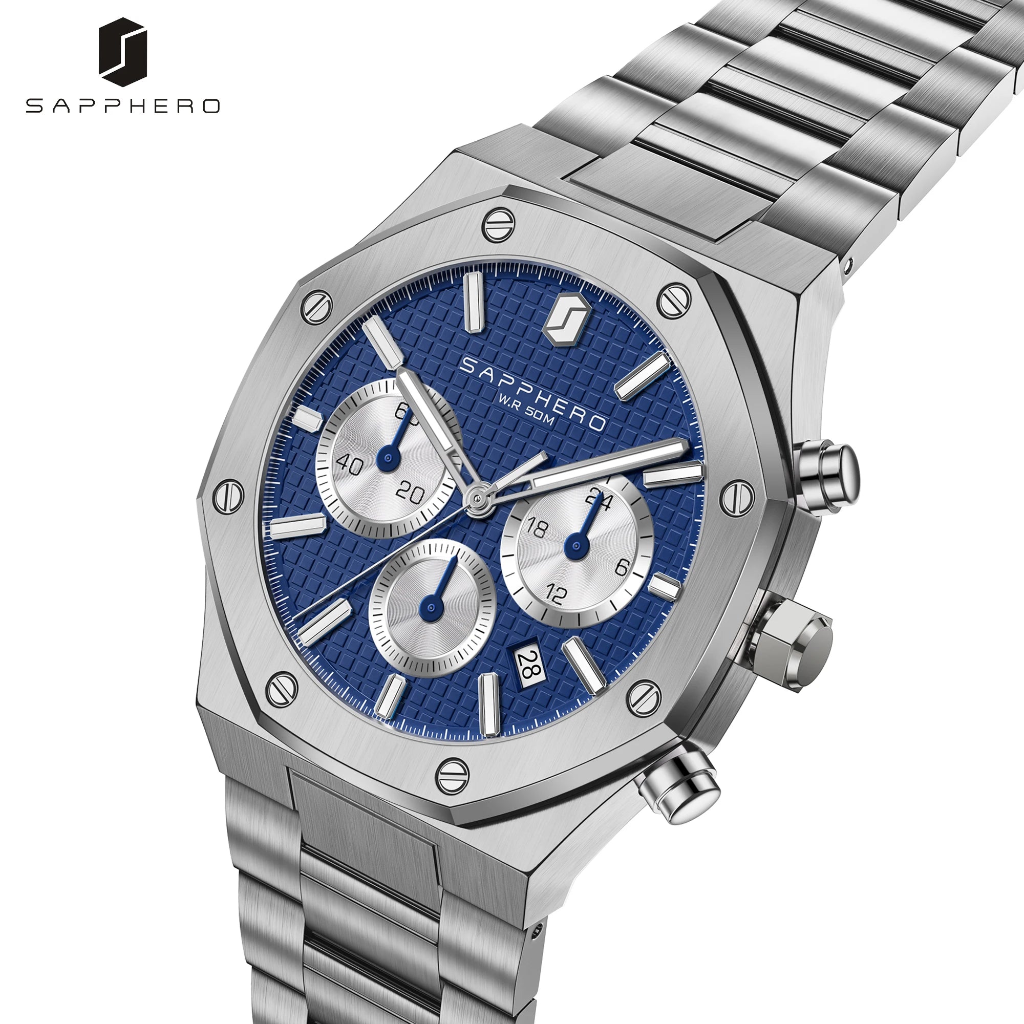 SAPPHERO Men’s Chronograph Quartz Watch 50M Waterproof Stainless Steel Sport Business Luxury Wristwatch Blue Dial
