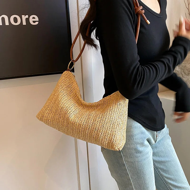 Women's Striped Woven Straw Tote Bag - Lightweight Large Capacity with Detachable Coin Purse & Zip Closure for Beach Vacation mbzr