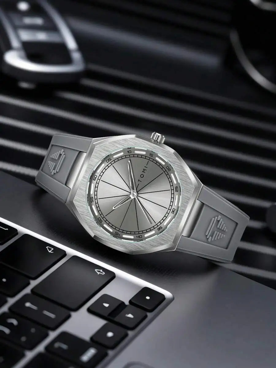TOMI 1pc TOMI Unisex Fashion Octagonal Quartz Watch Silicone Strap Brushed Case Business Casual Wristwatch Suitable For Daily