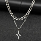 Vnox 2pcs/set Link Chain Chokers Four-point Star Pendant O-Chain Necklace Set for Men, Stainless Steel Silver Color Jewelry Gif