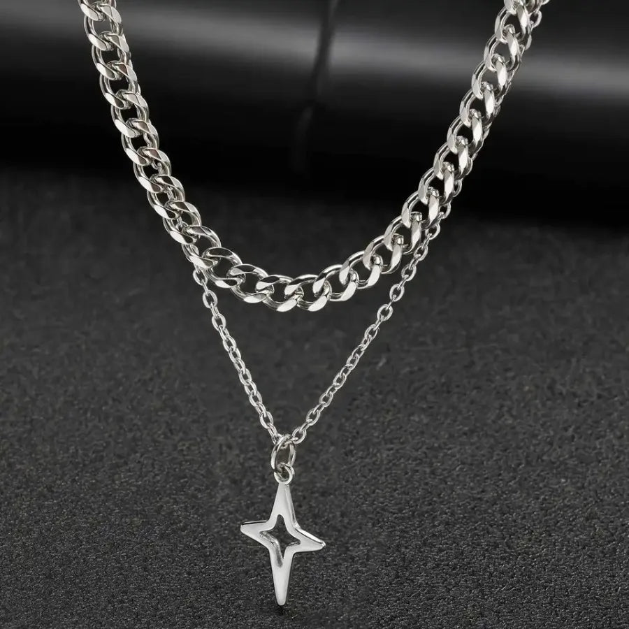 Vnox 2pcs/set Link Chain Chokers Four-point Star Pendant O-Chain Necklace Set for Men, Stainless Steel Silver Color Jewelry Gif