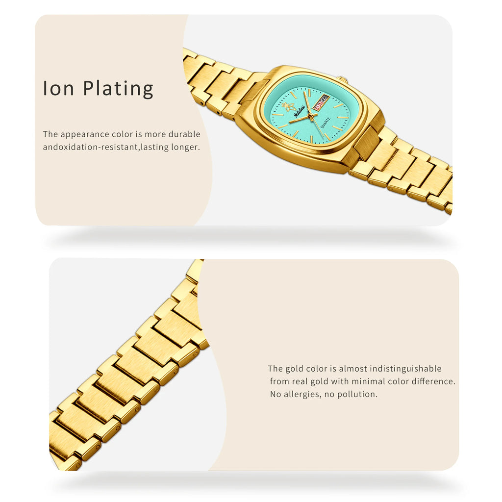 YaLaLuSi Vintage Tonneau Square White Dial Women Watch Day Date Display Brushed Solid Link Gold Bracelet Quiet Luxury Waterproof Ladies Quartz Wristwatch For Office Daily Commute
