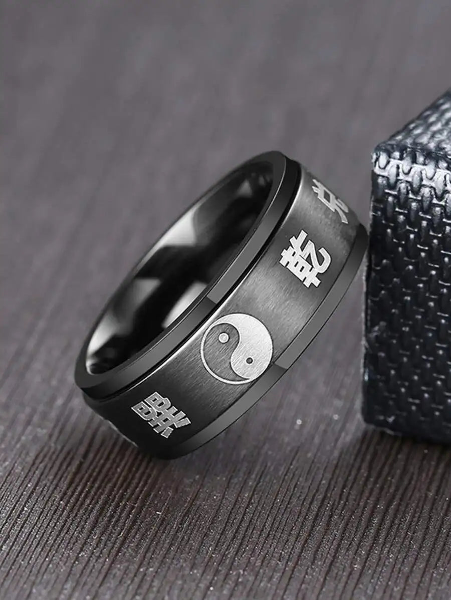 1pc Men's Stainless Steel Yin Yang Bagua Rotating Ring, Black Jewelry Accessory