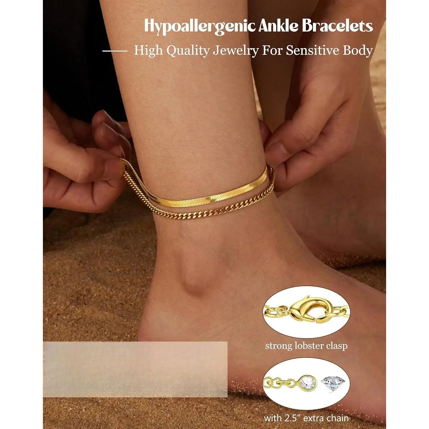 6PCS Ankle Bracelets for Women 14K Gold-plated  Anklets Stainless Steel Cuban Link Chain Anklet Set Layered Beach Jewelry Gift