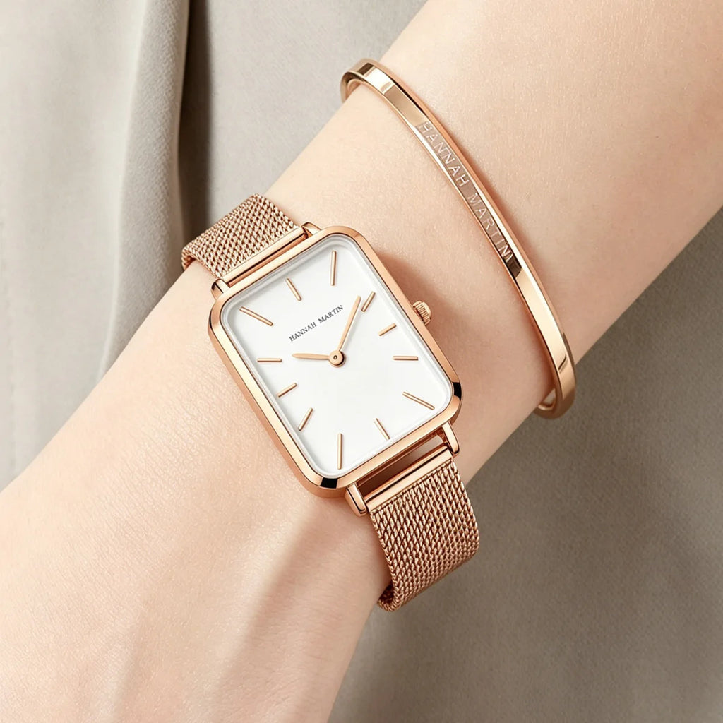 Hannah Martin Womens Watch US Local Shipping Square 34mm Dial Simple Bar Scale Silver Stainless Steel Milan Strap Japanese Original Quartz Movement Clock Nordic Fashion Style Suitable for Various Dressing Styles, Women Gift C