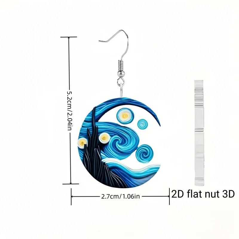 1 pair of Van Gogh starry sky pattern acrylic earrings, moon black cat unique ladies earrings