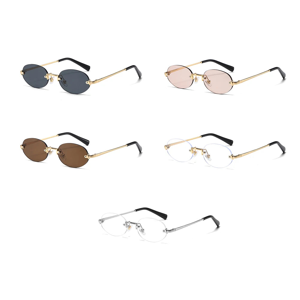 Peekaboo Fashion Oval Sun Glasses for Women Metal Men Rimless Sunglasses Round Unisex Brown Black Uv400 Female Trendy Gift