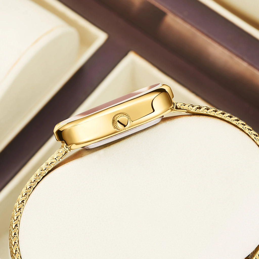 YaLaLuSi Oval Pink  Dial Gold Herringbone Mesh Women Watch Tiny Diamond Index Minimal Thin Case Ladies Quartz Bracelet Dress Wristwatch